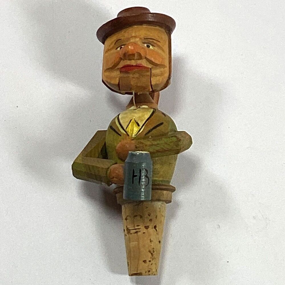 Vintage Hand Carved Wood Mechanical Bottle Stopper Cork Drinking Man
